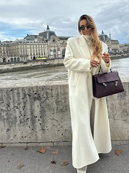 Fashion Oversize Lapel Extra Long Woolen Overcoat Women's Double Breasted Solid Cropped Overgarment Lady Commute Streetwear