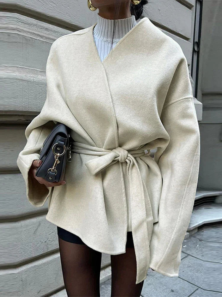 Elegant Lace Up Coat For Women V-neck Long Sleeve Slim Jacket Cardigan 2025 Autumn Winter Lady Streetwear Outwear New In Coats