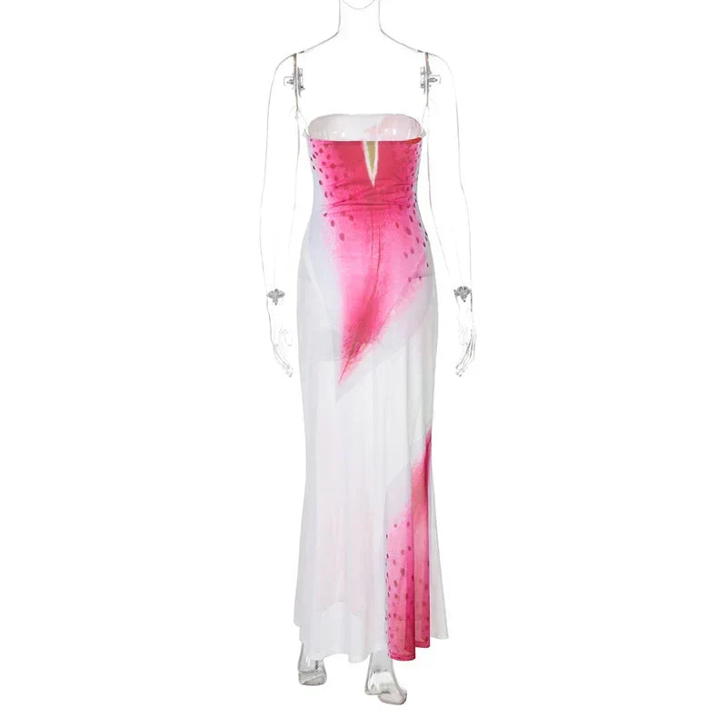 Strapless Mesh Overlay Abstract Graphic Print Bodycon Maxi Dress