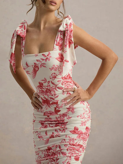Floral Print Square Neck Tie Shoulder Strap All-Over Ruched Bodycon Midi Dress