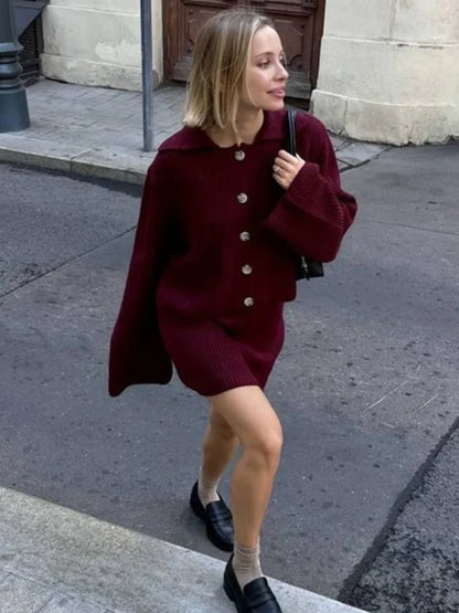 Knitted Skirts 2 Piece Set Women Fashion Lapel Flare Button Knitted Cardigan Top Mini Skirt Autumn Lady All-matching Outfit