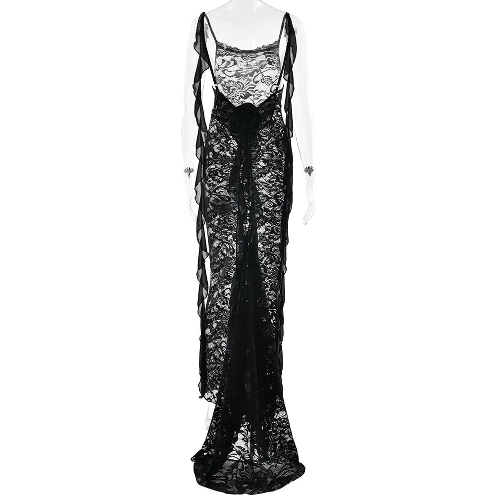 Lace Backless Spaghetti Strap Trailing Ribbon Ruffle Maxi Dress