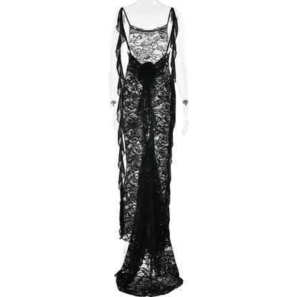 Lace Backless Spaghetti Strap Trailing Ribbon Ruffle Maxi Dress