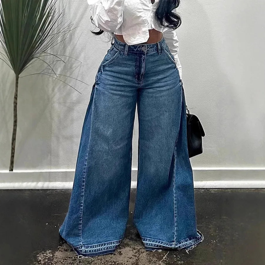 Blue Washed Women Flared Jeans Harajuku Y2k Oversized Wide Leg Spliced Tassel Denim Pants Baggy American Retro Trousers