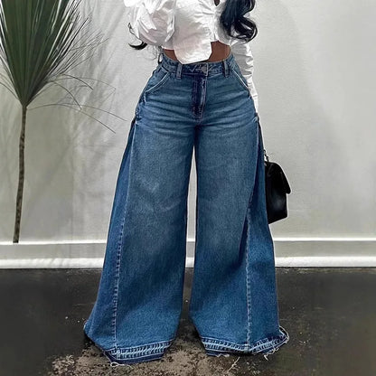 Blue Washed Women Flared Jeans Harajuku Y2k Oversized Wide Leg Spliced Tassel Denim Pants Baggy American Retro Trousers