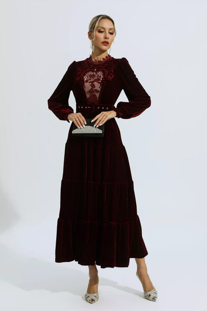 Selene Red Velvet Embroidered Maxi Dress