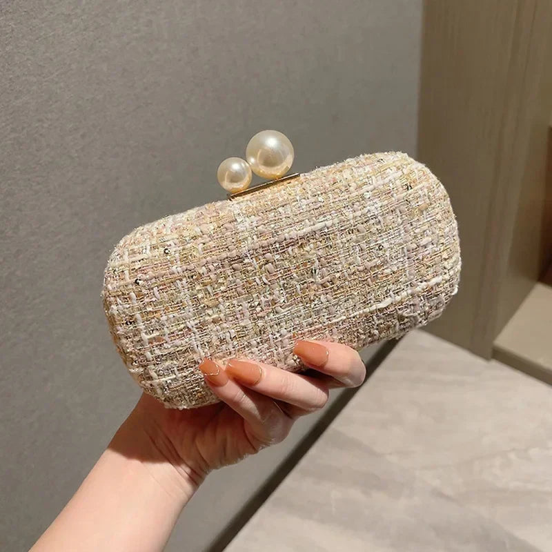 Sequin Tweed Pearl Clutch Wristlet