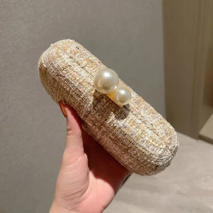 Sequin Tweed Pearl Clutch Wristlet