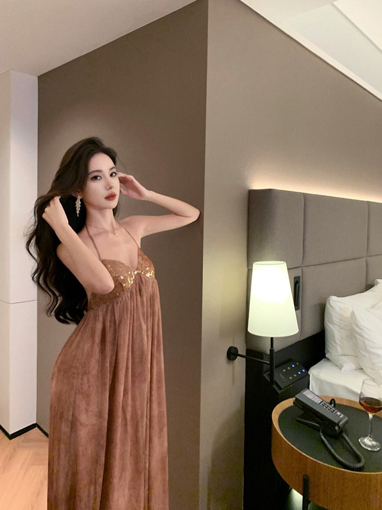 Sequin & Tie-Dye Halter Dress Glamorous Birthday Gown