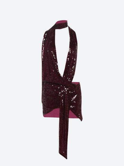 Sequin Halter Plunge Neck Ruched Drape Panel Mini Dress