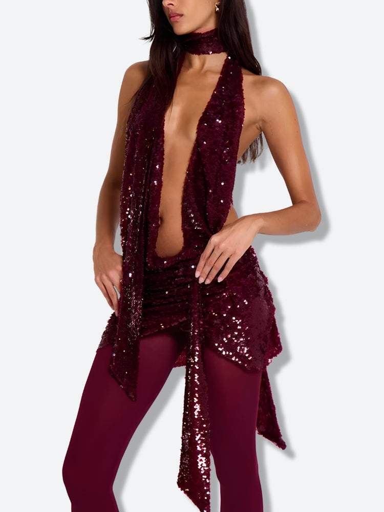 Sequin Halter Plunge Neck Ruched Drape Panel Mini Dress