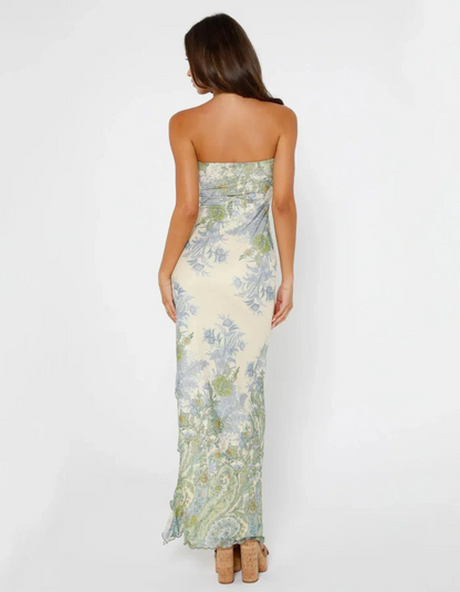 Seraphine| Romantic floral print strapless maxi dress
