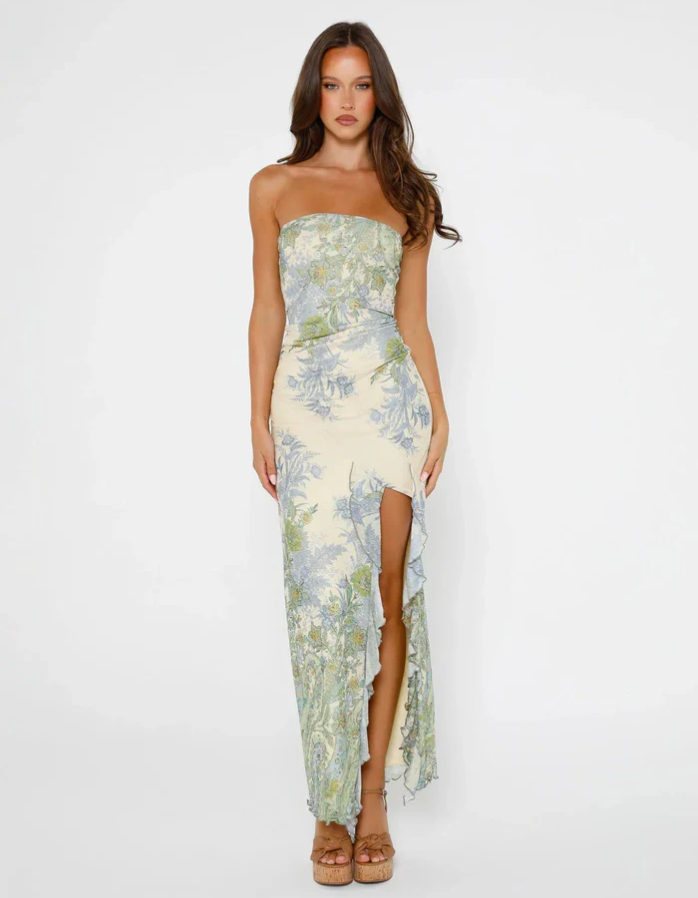 Seraphine| Romantic floral print strapless maxi dress