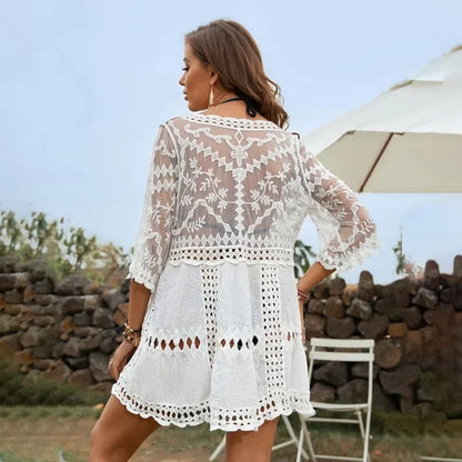 Sexy Deep V-neck White Lace Dress Women Cover-up Kimono Boho Beach Wear