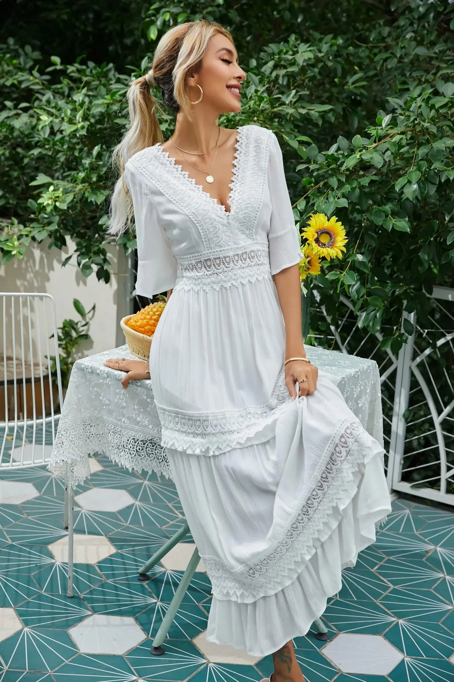 Sexy Deep V-neck Backless Cotton Lace Dress