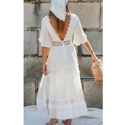 Sexy Deep V-neck Backless Cotton Lace Dress