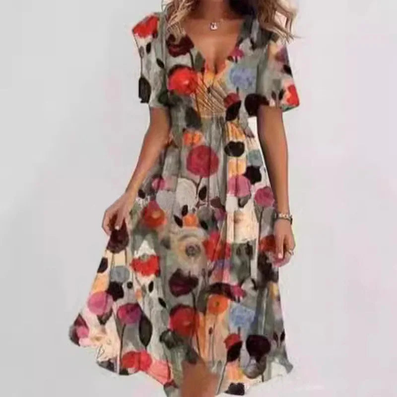Sexy V-neck Floral Swing Dress