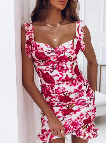 V-neck Sleeveless Ruffle Floral Printed Bodycon Floral Dress