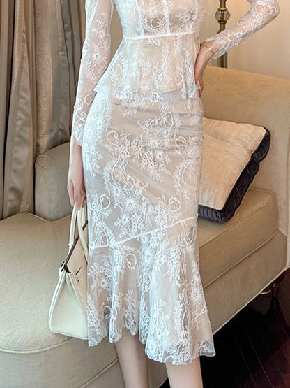 Retro Lace Wrap Ruffle High Waist Fishtail Skirt