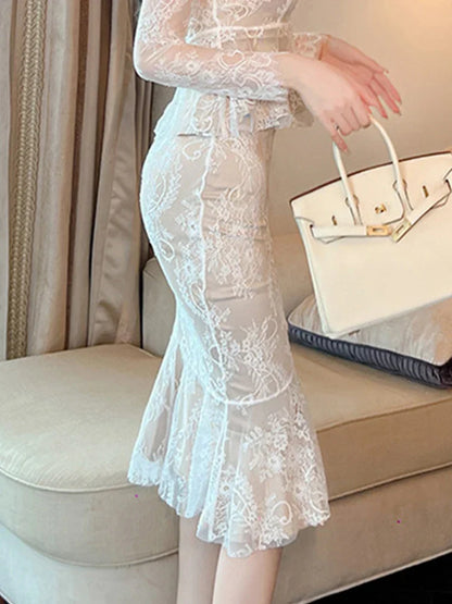 Retro Lace Wrap Ruffle High Waist Fishtail Skirt