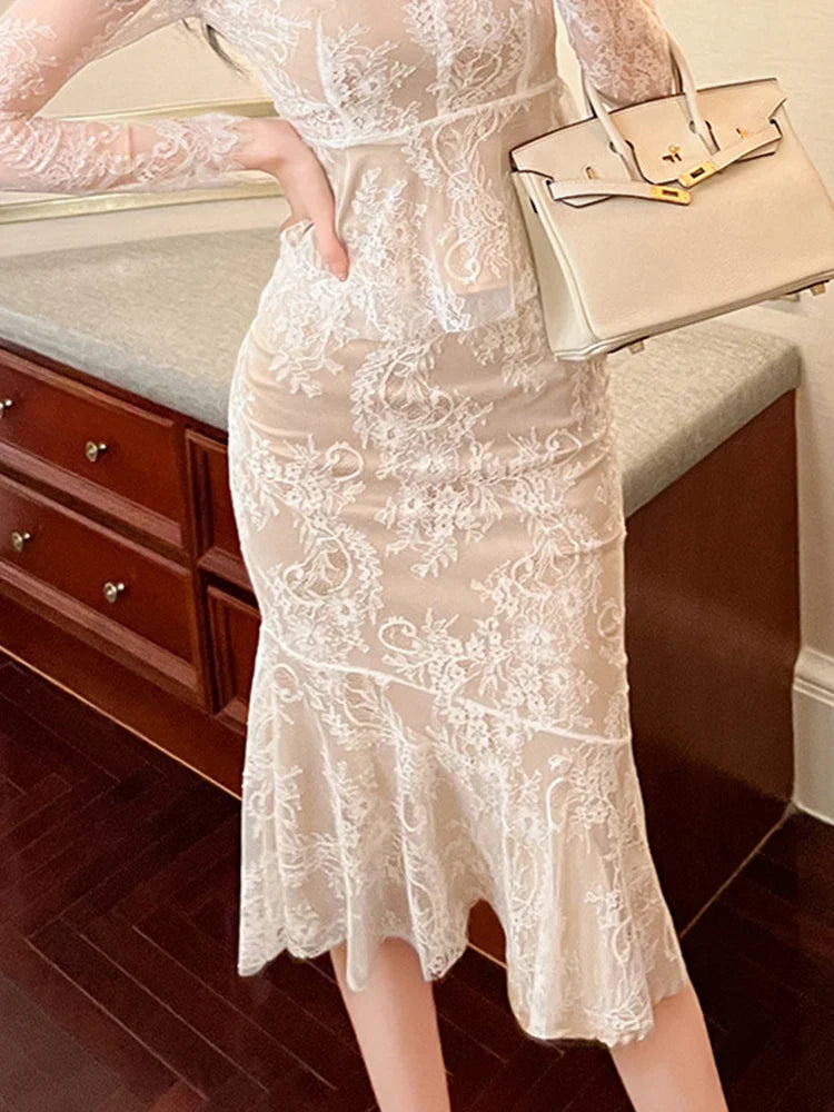 Retro Lace Wrap Ruffle High Waist Fishtail Skirt