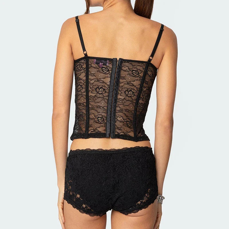 Sheer Lace Cupped Corset Hook Eye Back Crop Top See-Through Shorts Two Pieces Set