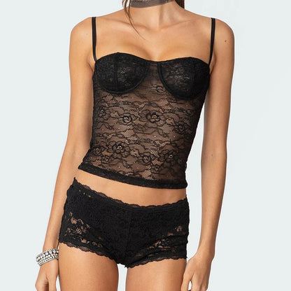 Sheer Lace Cupped Corset Hook Eye Back Crop Top See-Through Shorts Two Pieces Set