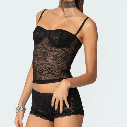 Sheer Lace Cupped Corset Hook Eye Back Crop Top See-Through Shorts Two Pieces Set