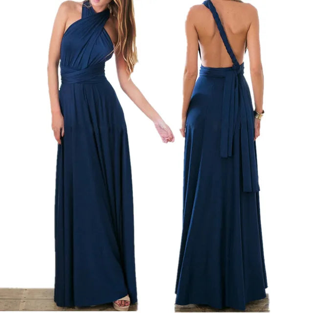 Deep V-Neck Wrap Convertible Braid Back Band Maxi Dress