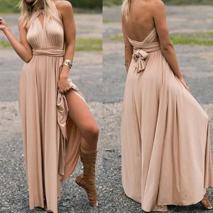 Deep V-Neck Wrap Convertible Braid Back Band Maxi Dress