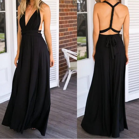 Deep V-Neck Wrap Convertible Braid Back Band Maxi Dress