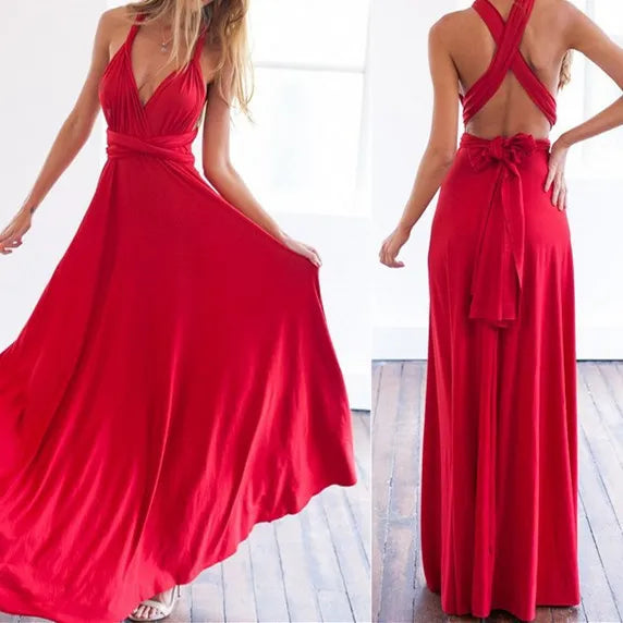 Deep V-Neck Wrap Convertible Braid Back Band Maxi Dress