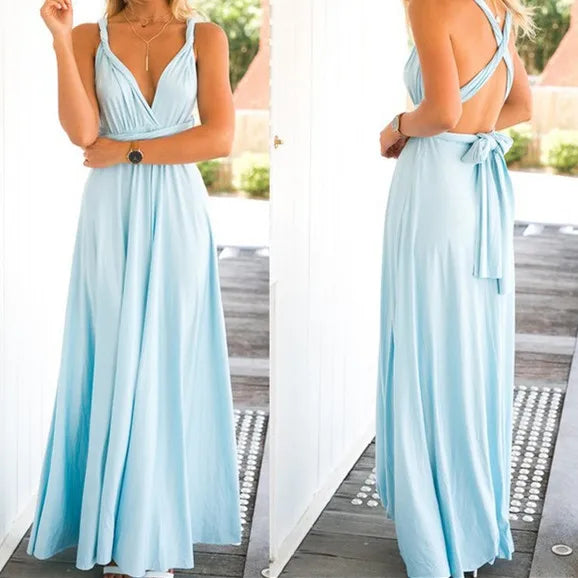 Deep V-Neck Wrap Convertible Braid Back Band Maxi Dress