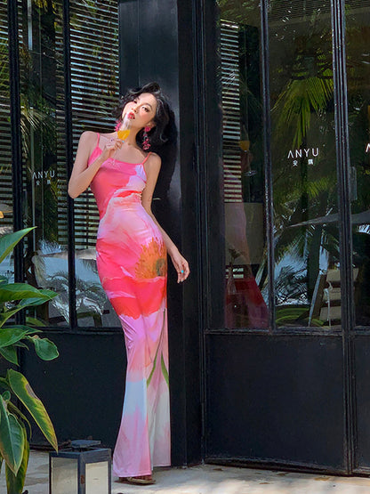 Sexy Pink Peony Floral Mermaid Maxi Dress