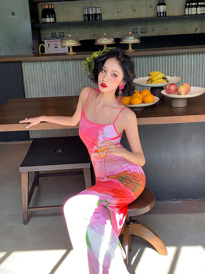 Sexy Pink Peony Floral Mermaid Maxi Dress