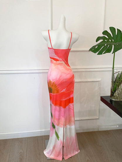 Sexy Pink Peony Floral Mermaid Maxi Dress
