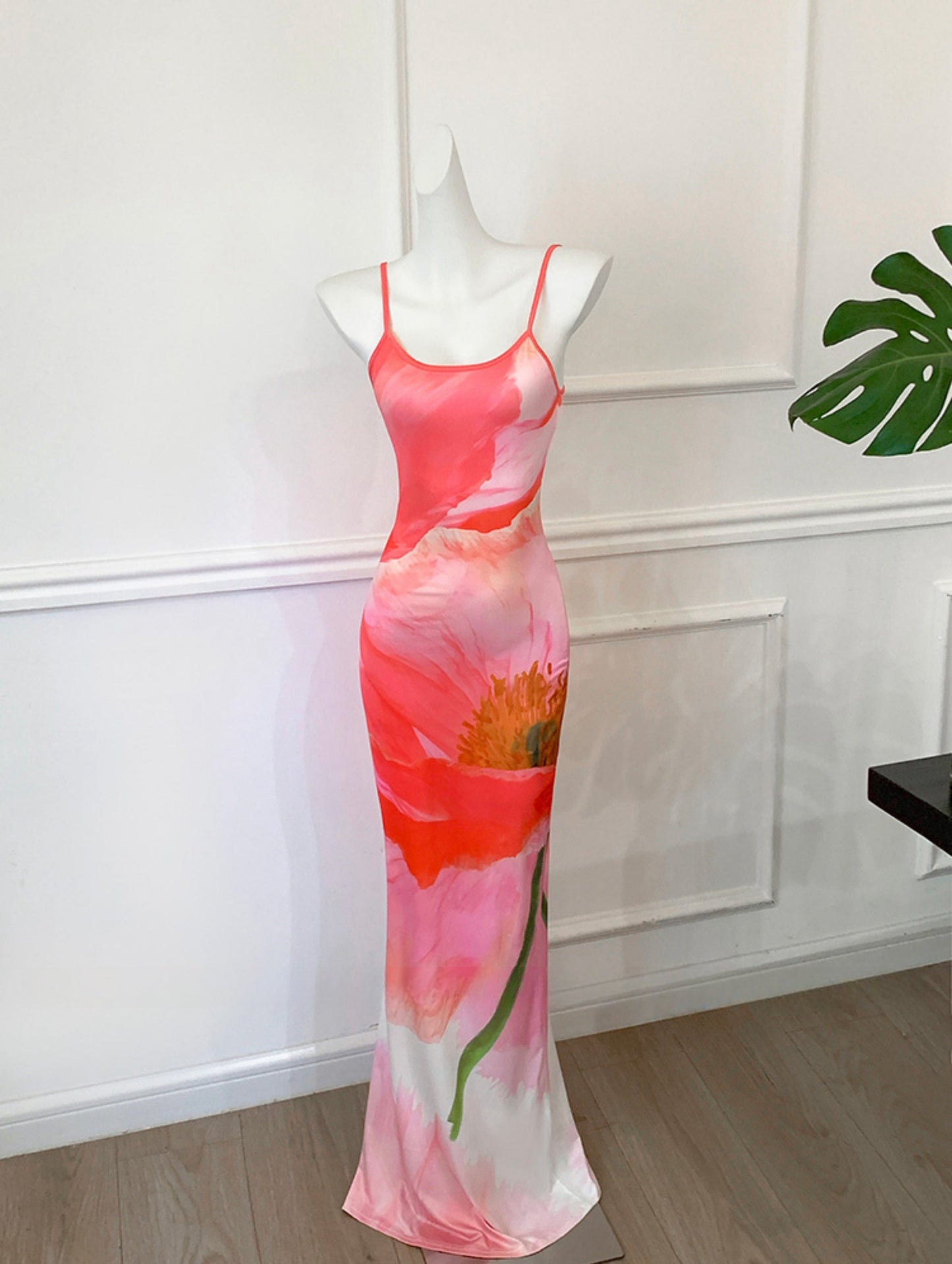 Sexy Pink Peony Floral Mermaid Maxi Dress