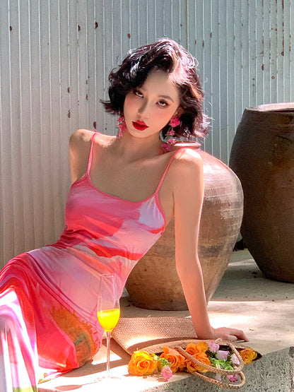 Sexy Pink Peony Floral Mermaid Maxi Dress