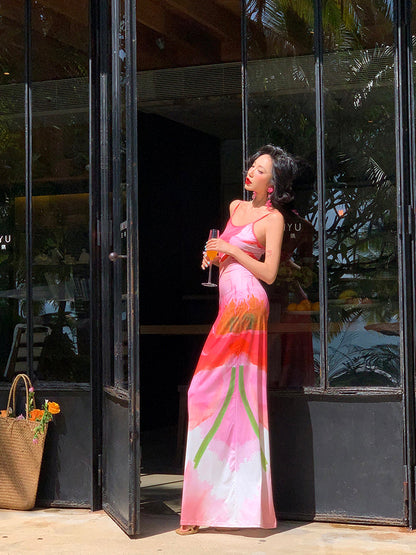 Sexy Pink Peony Floral Mermaid Maxi Dress