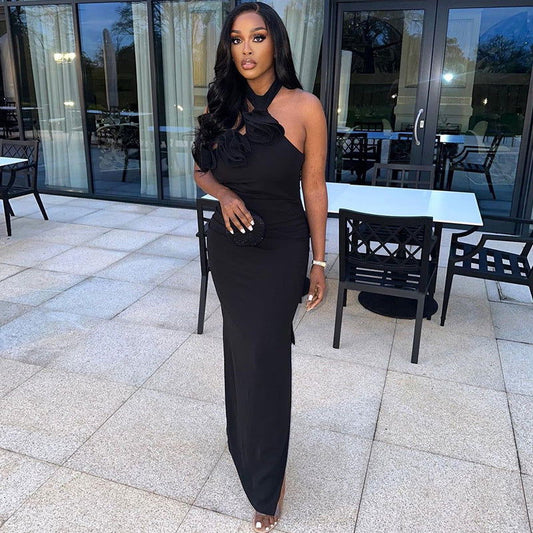 Halter Neck Rosette Applique Sleeveless Bodycon Maxi Dress