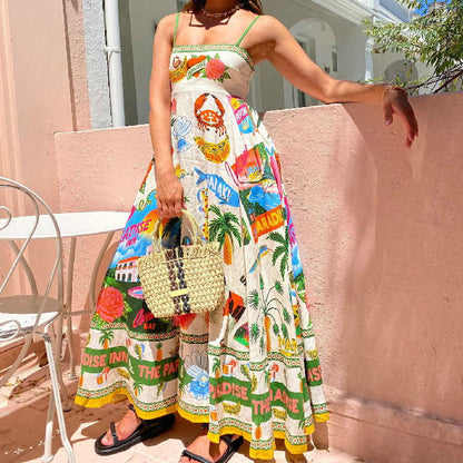 Sling Graffiti Printing Sleeveless Swing Cotton Linen Dress Amplified craft
