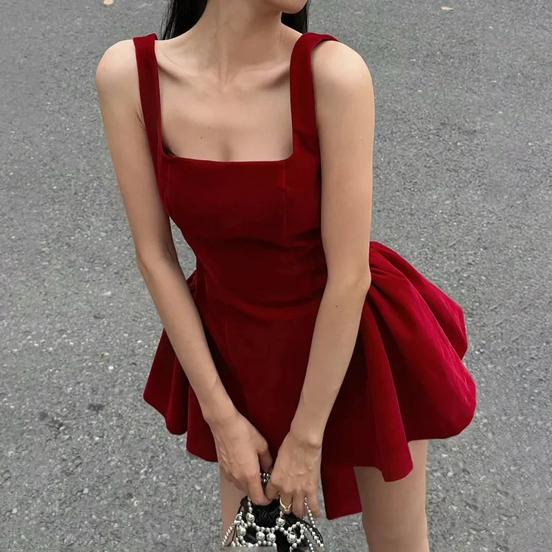 Spaghetti Strap Open Back Oversized Bow Flared Mini Dress