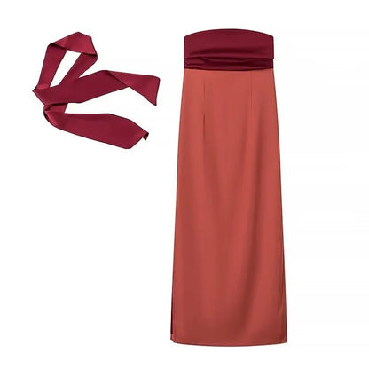 Strapless Tube Choker Sheer Overlay High Slit Maxi Dress