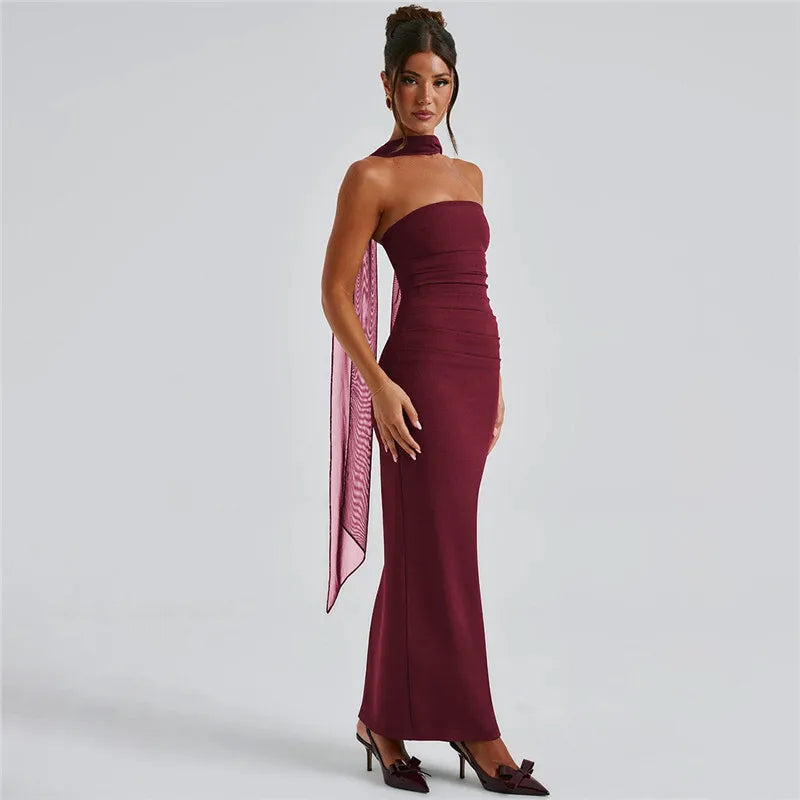 Strapless Ruched Waist Mesh Glove Bodycon Maxi Dress