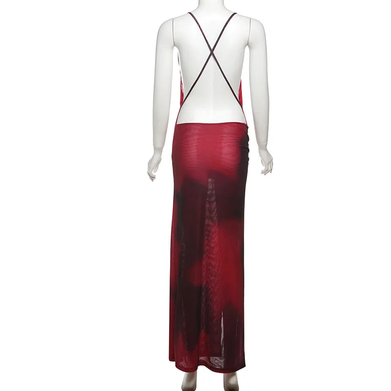 Plunging Halter Ring Detail Side Cutout High Slit Maxi Dress