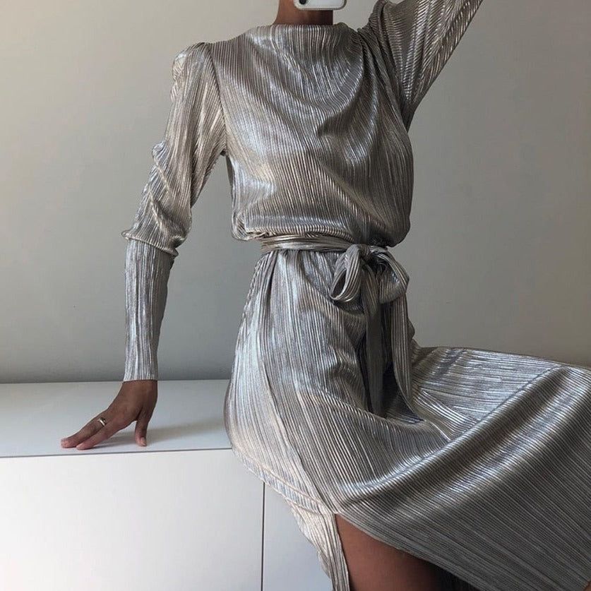 Metallic Ribbed Pleated Long Sleeve Tie Waist Side Slit Midi Dress