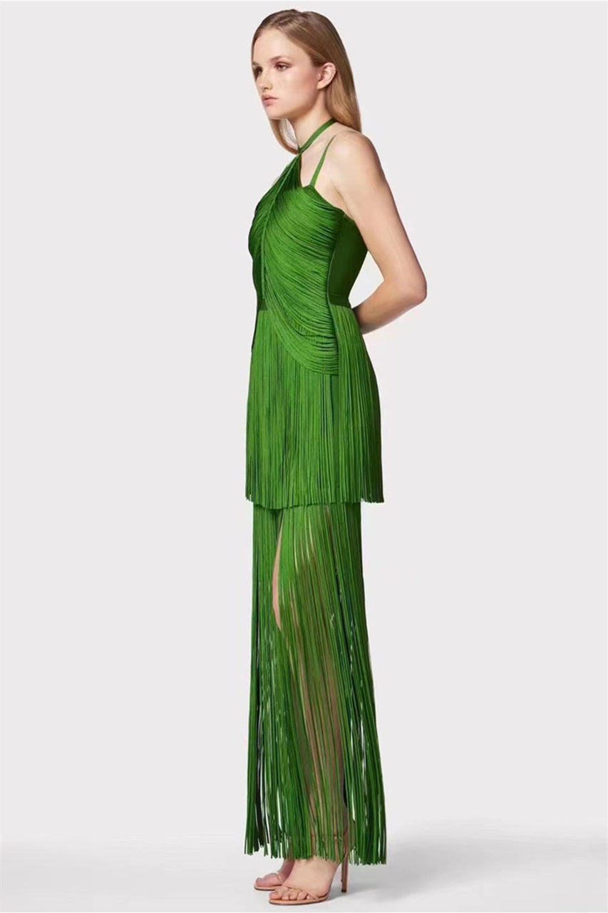 Phoebe Halter Fringed Maxi Dress
