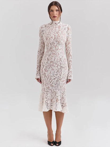 Floral Lace High Neck Long Sleeve Bodycon Midi Dress
