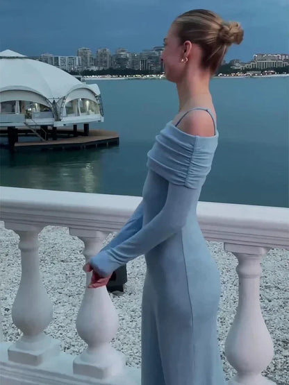Elegant Solid Off Shoulder Long Dress Women Sexy Bodycon Full Sleeves Party Dresses 2024 Summer Autumn Slim Lady Casual Robes