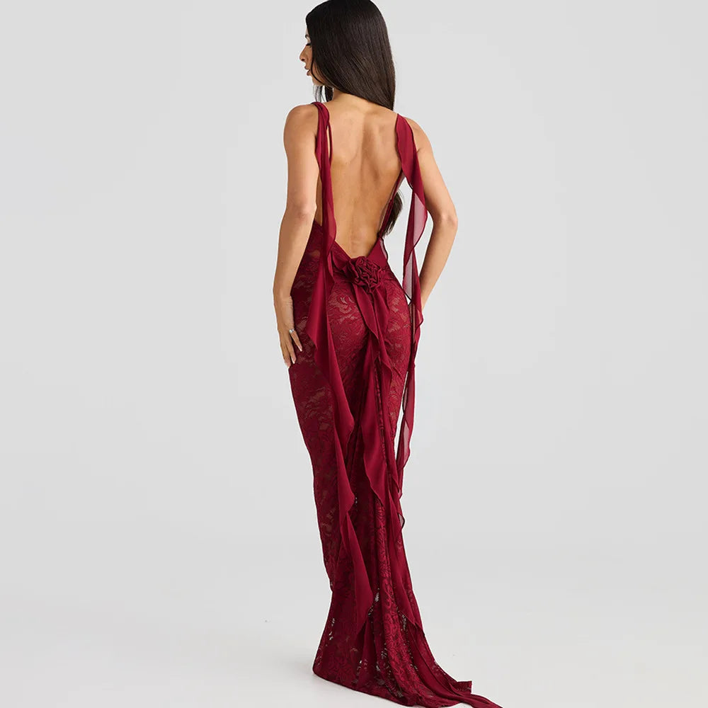 Lace Backless Spaghetti Strap Trailing Ribbon Ruffle Maxi Dress